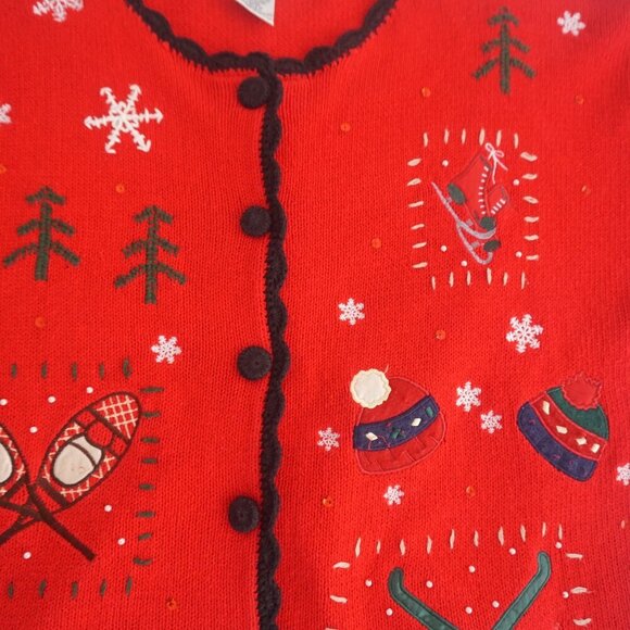 Vtg Basic Holiday Editions Red Embroidered Winter Button Up Cardigan Sweater L - Picture 7 of 12